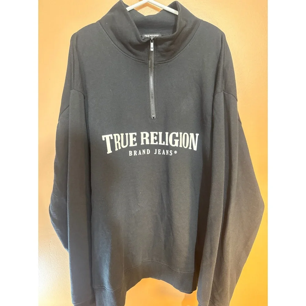 True Religion Mens Black Quarter Zip Pullover Sweatshirt Logo XXXL 3XL